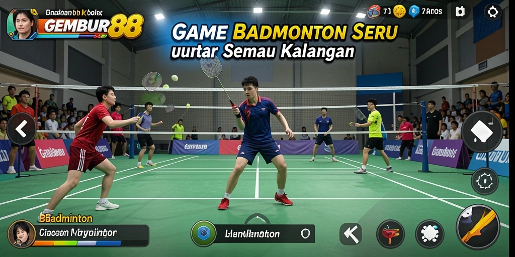 Tampilan antarmuka GEMBUR88 dengan permainan badminton yang seru.
