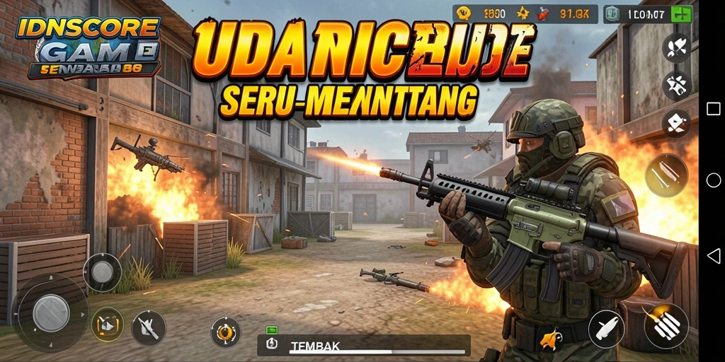 Antarmuka permainan IDNSCORE menampilkan aksi tembak-menembak yang seru.